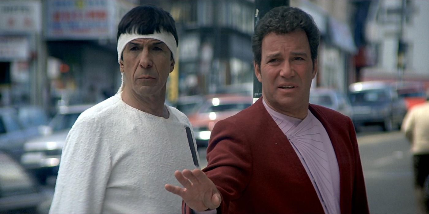 Spock and Kirk in the '80s in Star Trek IV: The Voyage Home.