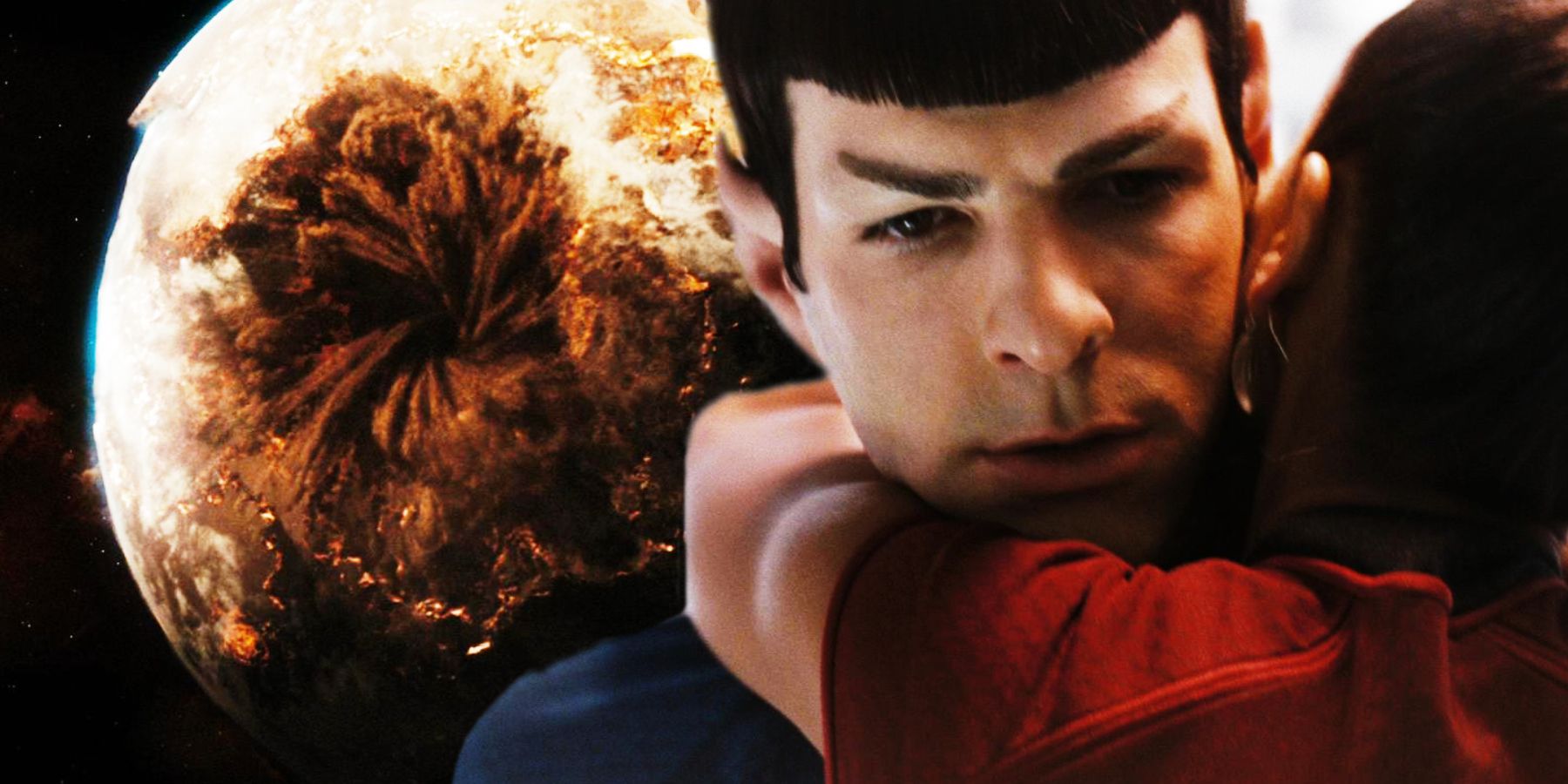 Vulcan destroyed while Spock and Uhura embrace