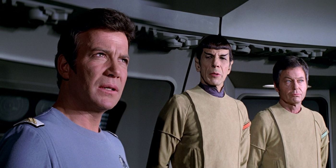 Admiral Kirk gives the order to take the Enterprise out as Spock and Dr. McCoy look on in Star Trek: The Motion Picture