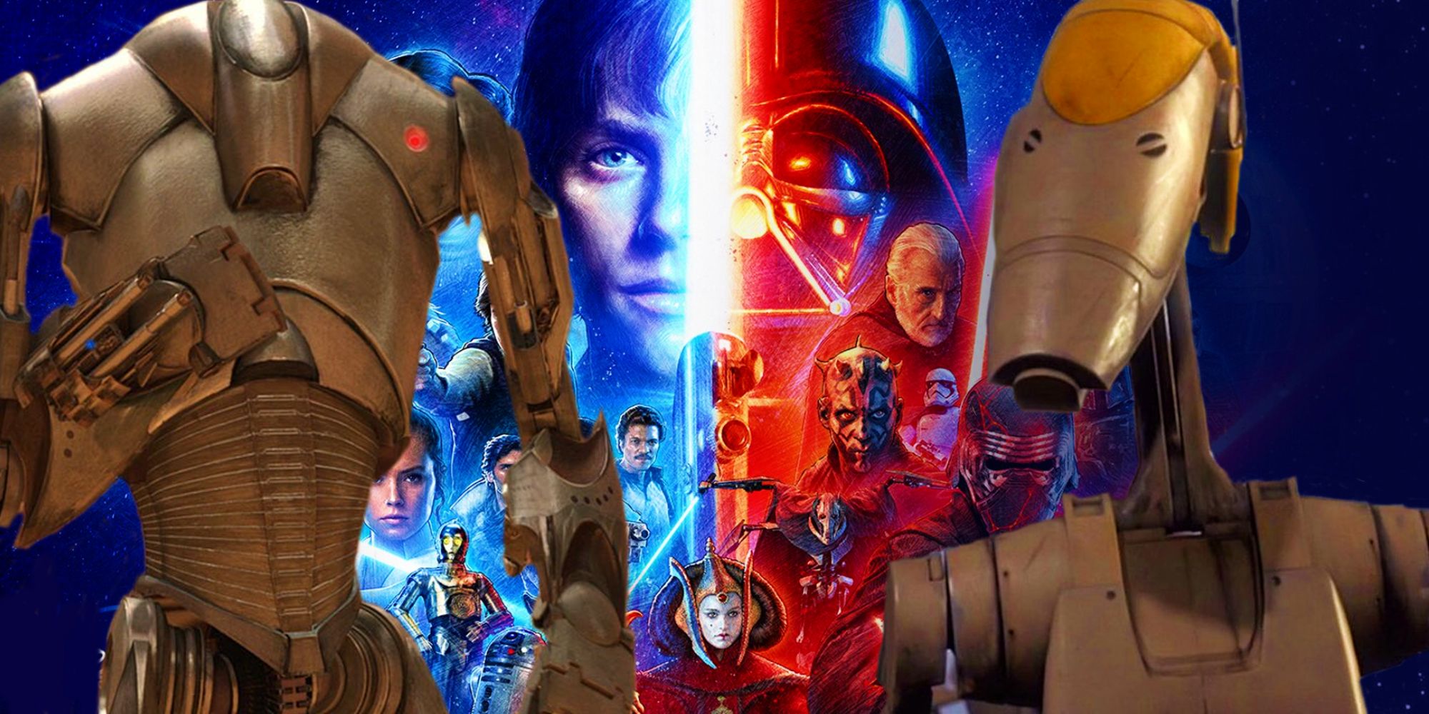 A poster of the Skywalker Saga between a B2 and B1 battle droid