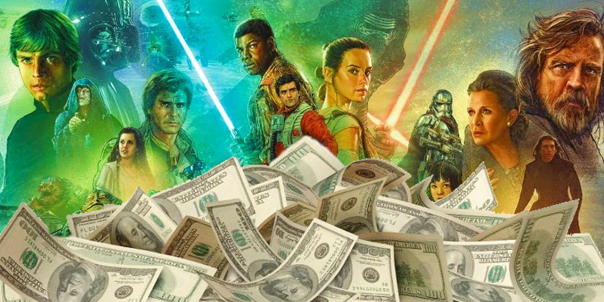 A Star Wars Mural depicting the original and sequel trilogies with a pile of cash