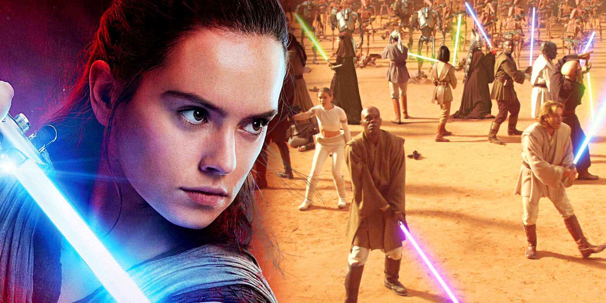 Rey in Star Wars The Last Jedi and the prequel-era Jedi in Attack of the Clones
