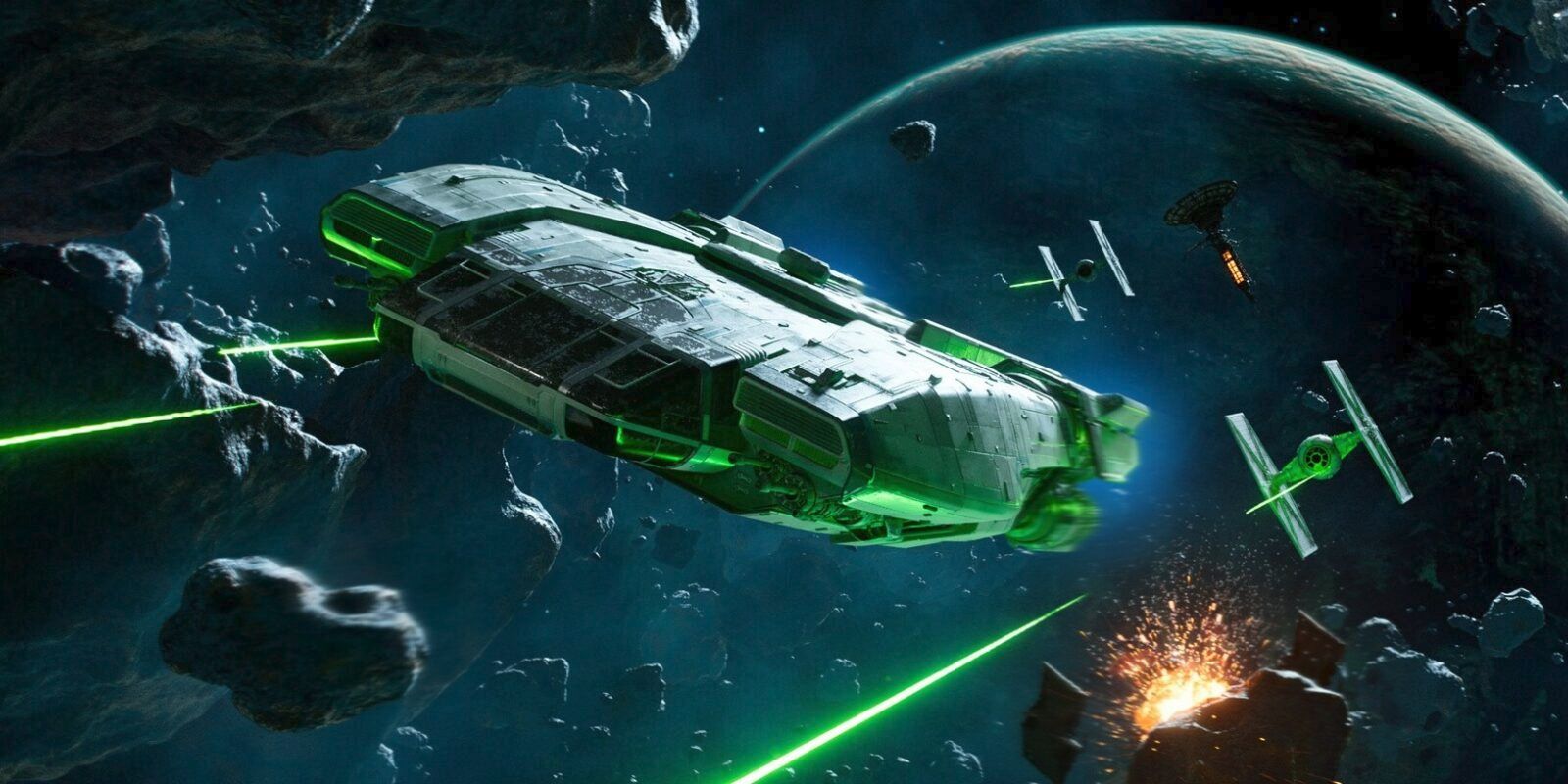 Tangkapan layar dari trailer untuk Penjahat Star Wars, menunjukkan kapal Kay sang Perintis menghindari laser hijau saat terbang melalui sabuk asteroid menuju sekelompok pejuang TIE. 