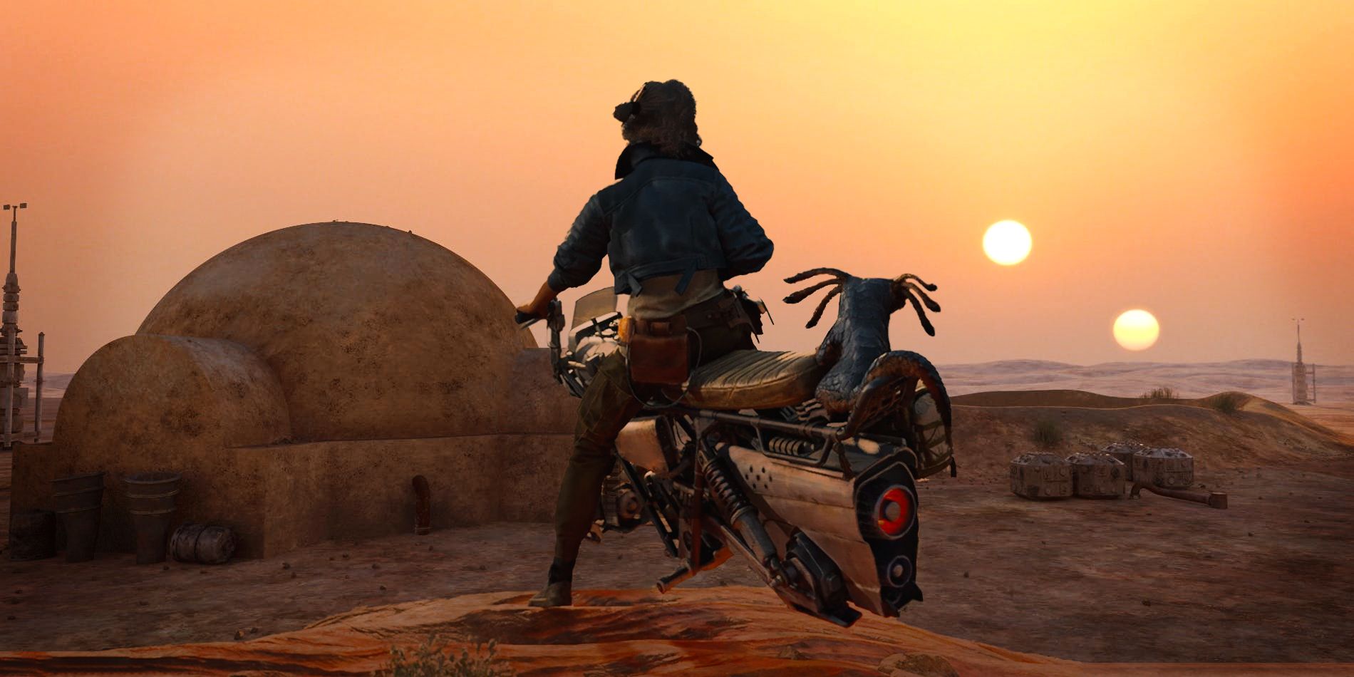 Protagonis Star Wars Outlaws Kay Vess dan rekannya Nix duduk di sepeda speeder memandang ke arah matahari terbenam ganda yang ikonik di Tatooine.