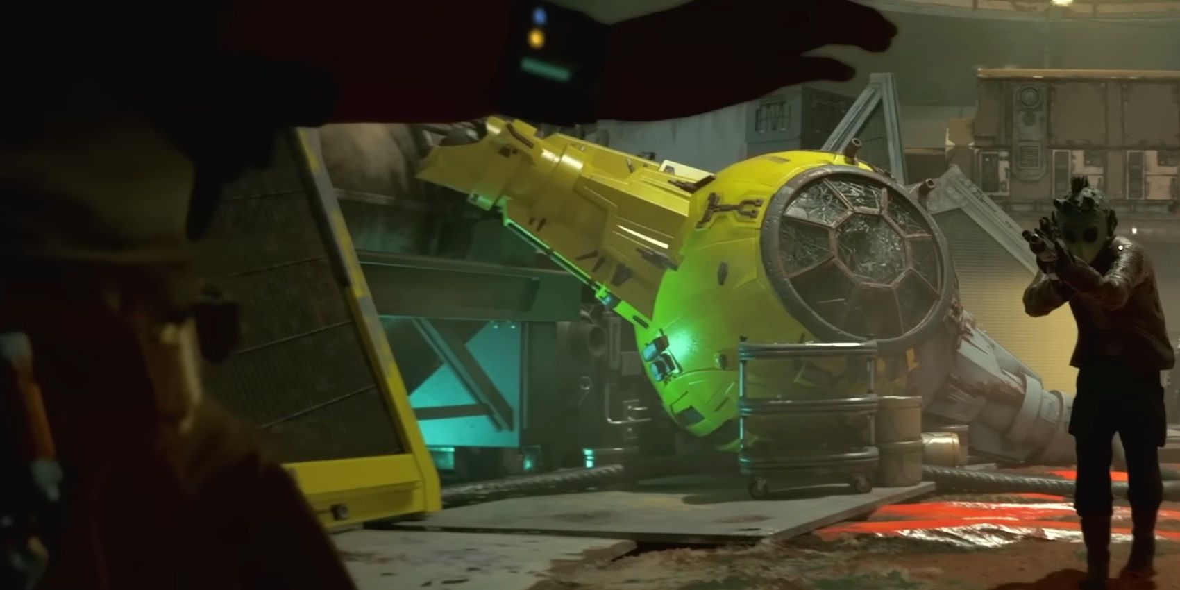 Star Wars Outlaws Bright yellow Mining Guild TIE fighter behind a Rodian