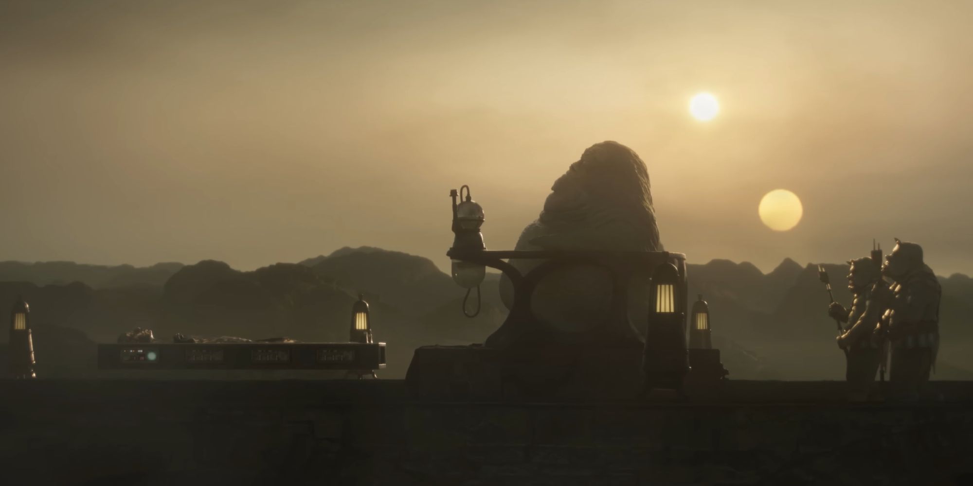 Cuplikan cuplikan dari Star Wars Outlaws, menunjukkan Han Solo yang membeku dalam karbonat dikawal di Tatooine, bintang ganda ikonik di latar belakang.