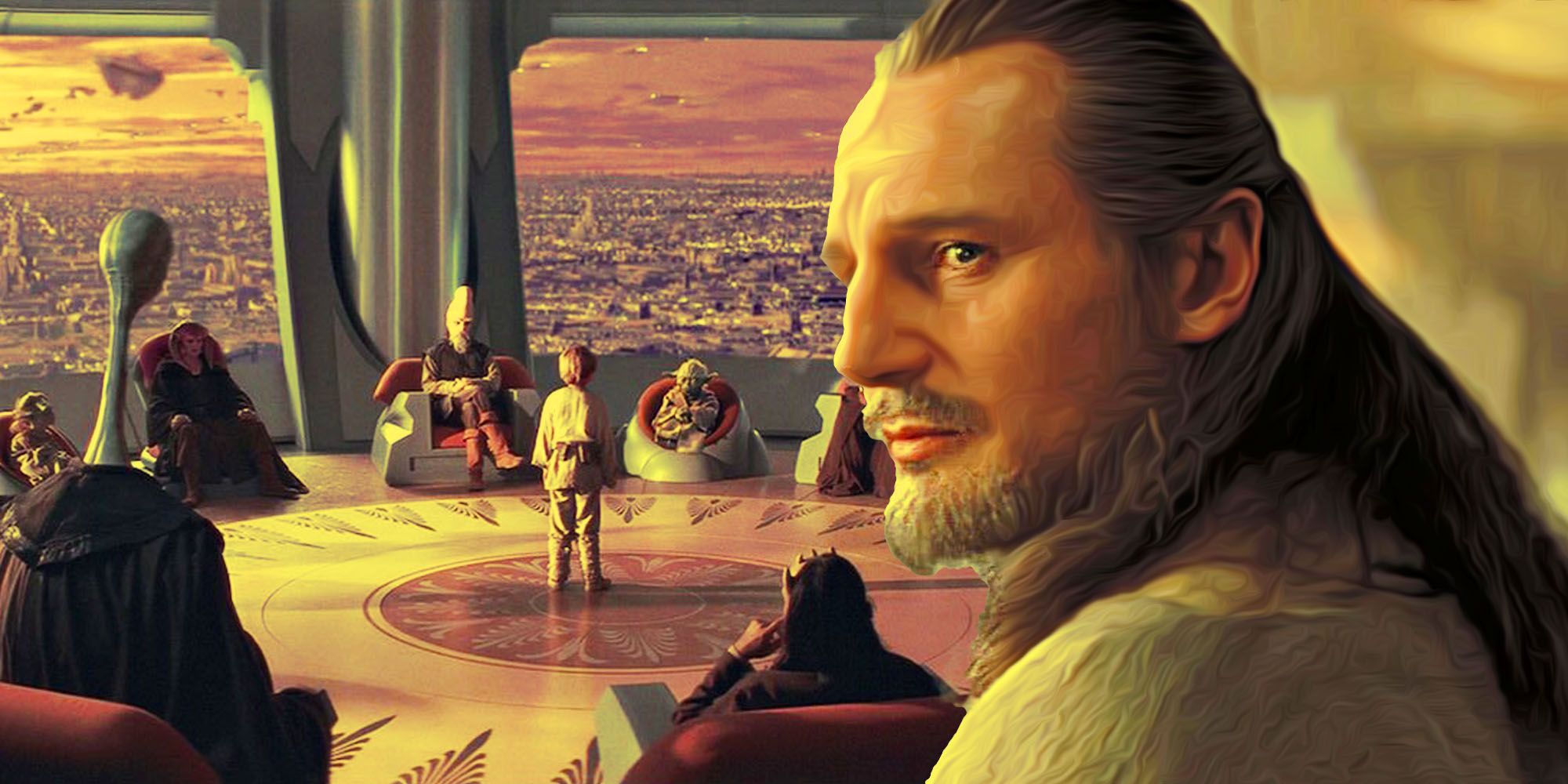 The Jedi Council evaluating young Anakin Skywalker and a picture of Qui-Gon Jinn.