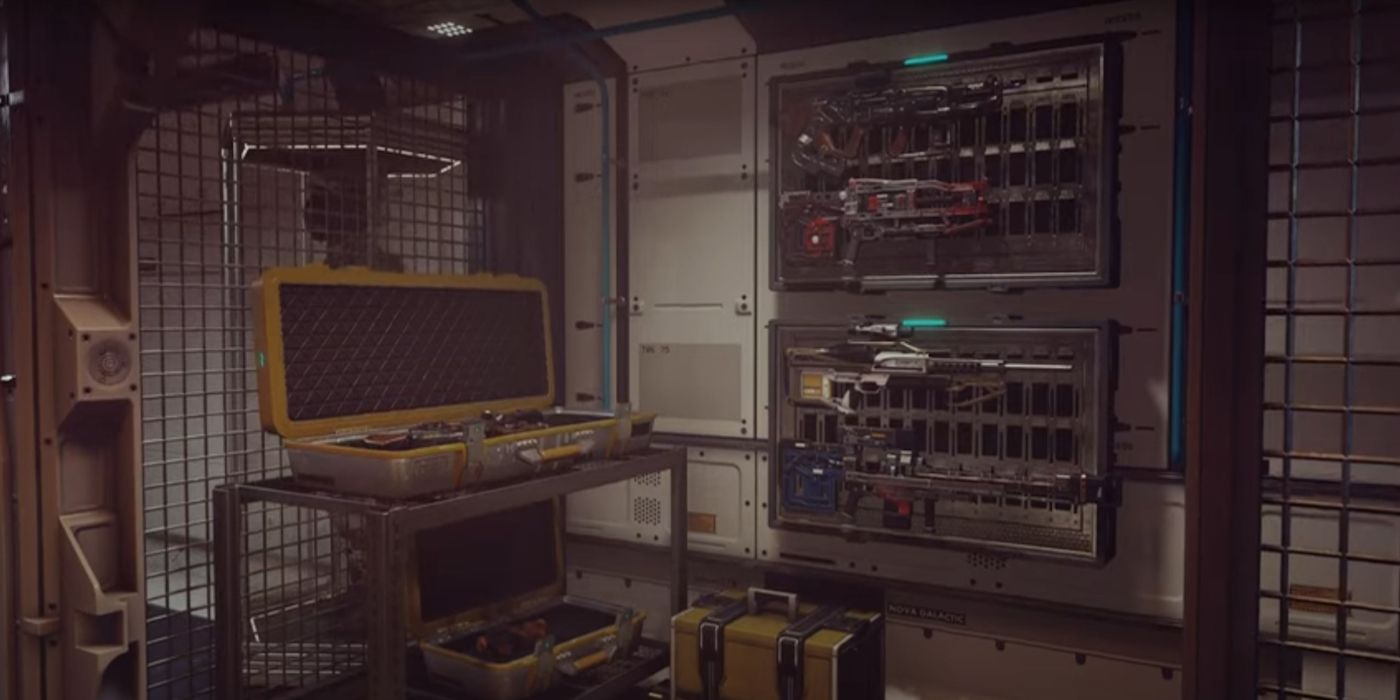 Starfield weapon storage example inside a customized ship