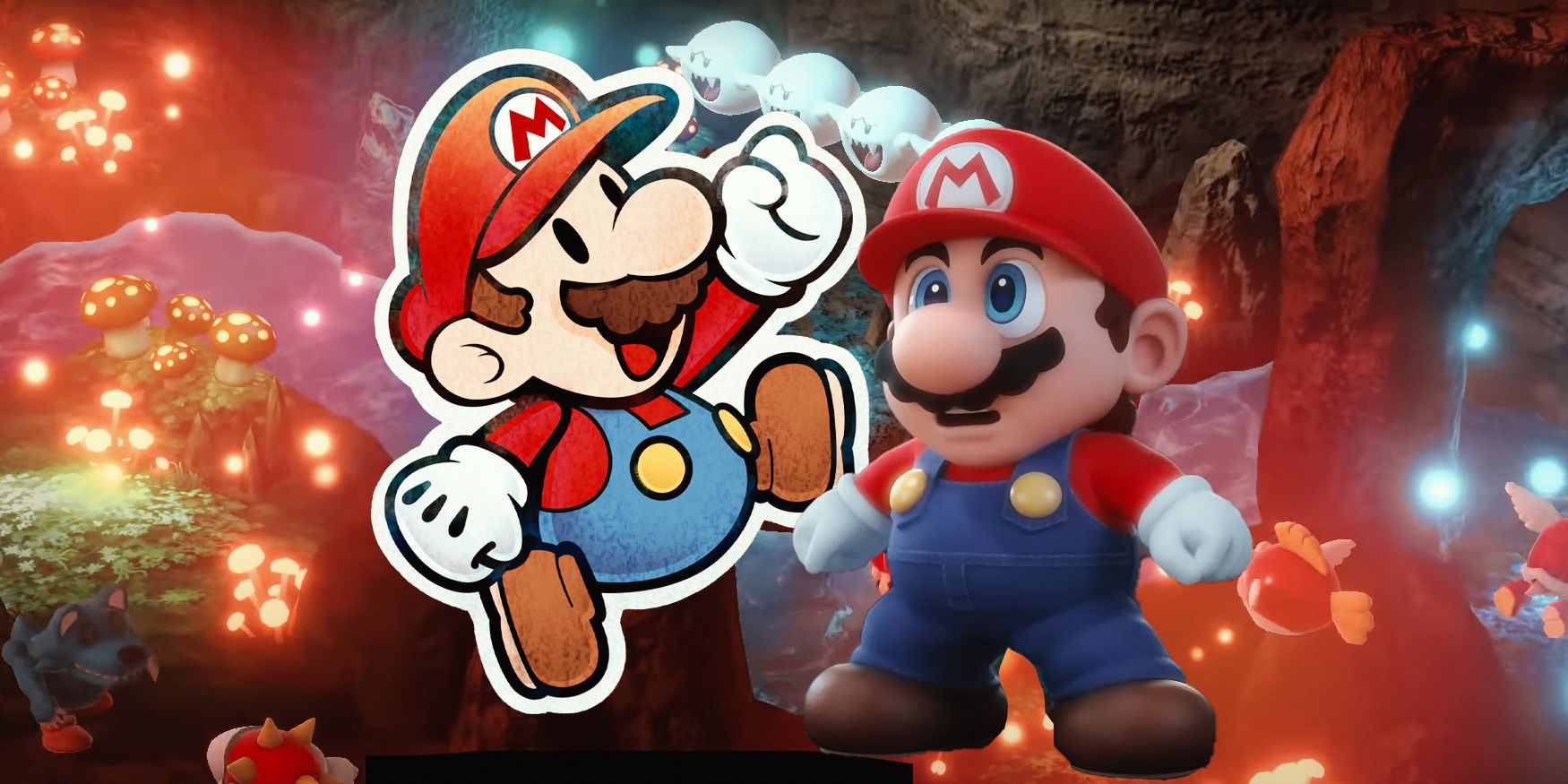 Paper Mario next to the Mario model from the Super Mario RPG remake over a background from the upcoming game.