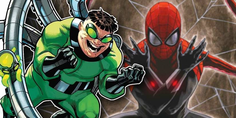 Doctor Octopus (left) clutching his fists maniacally; Spider-Man (right) against a webbing backdrop.