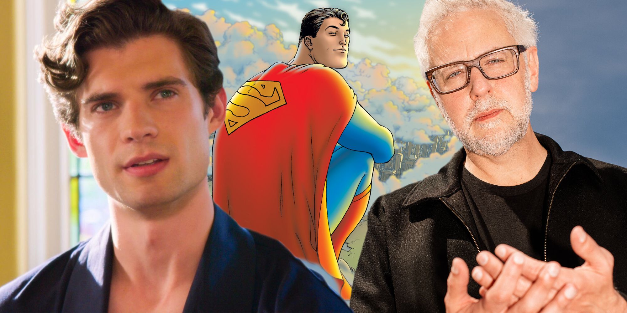 Superman: Legacy artwork next to James Gunn and David Corenswet