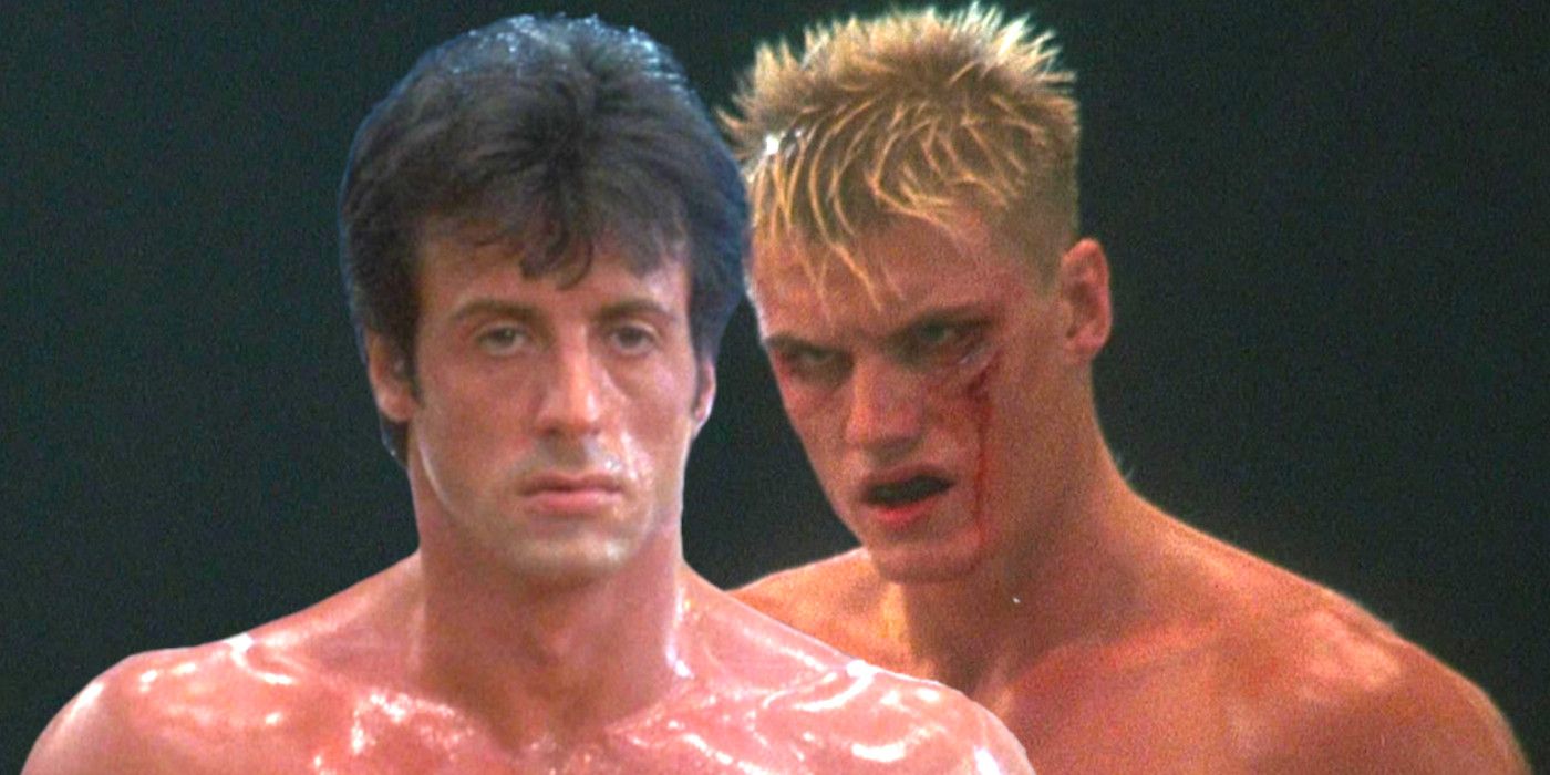 Sylvester Stallone and Dolph Lundgren in Rocky 4 both sweaty and glistening, Lundgren with a bloody cut on his face