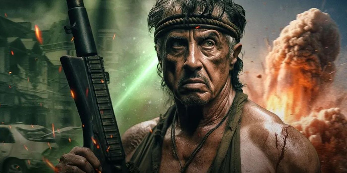 Sylvester Stallone holding a gun in Rambo 6 fan art.