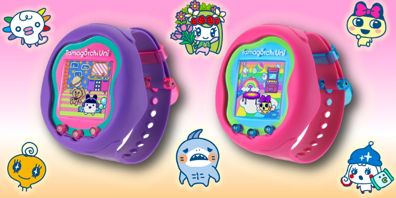 Tamagotchi Uni in Purple and in Pink, with various Tamagotchi characters