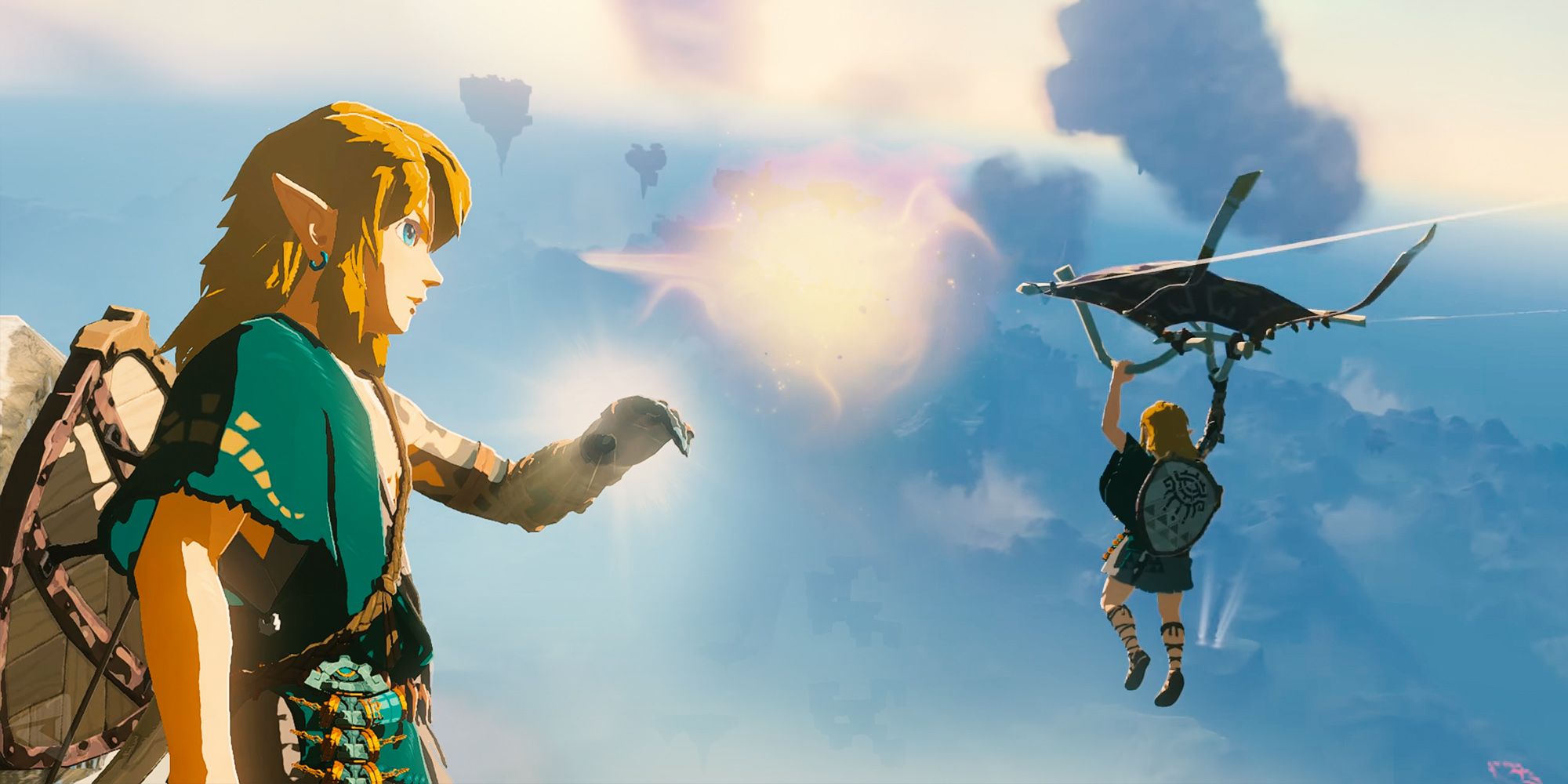 Composite image of Link examining the golden portal through time and paragliding through the sky in The Legend of Zelda: Tears of the Kingdom.