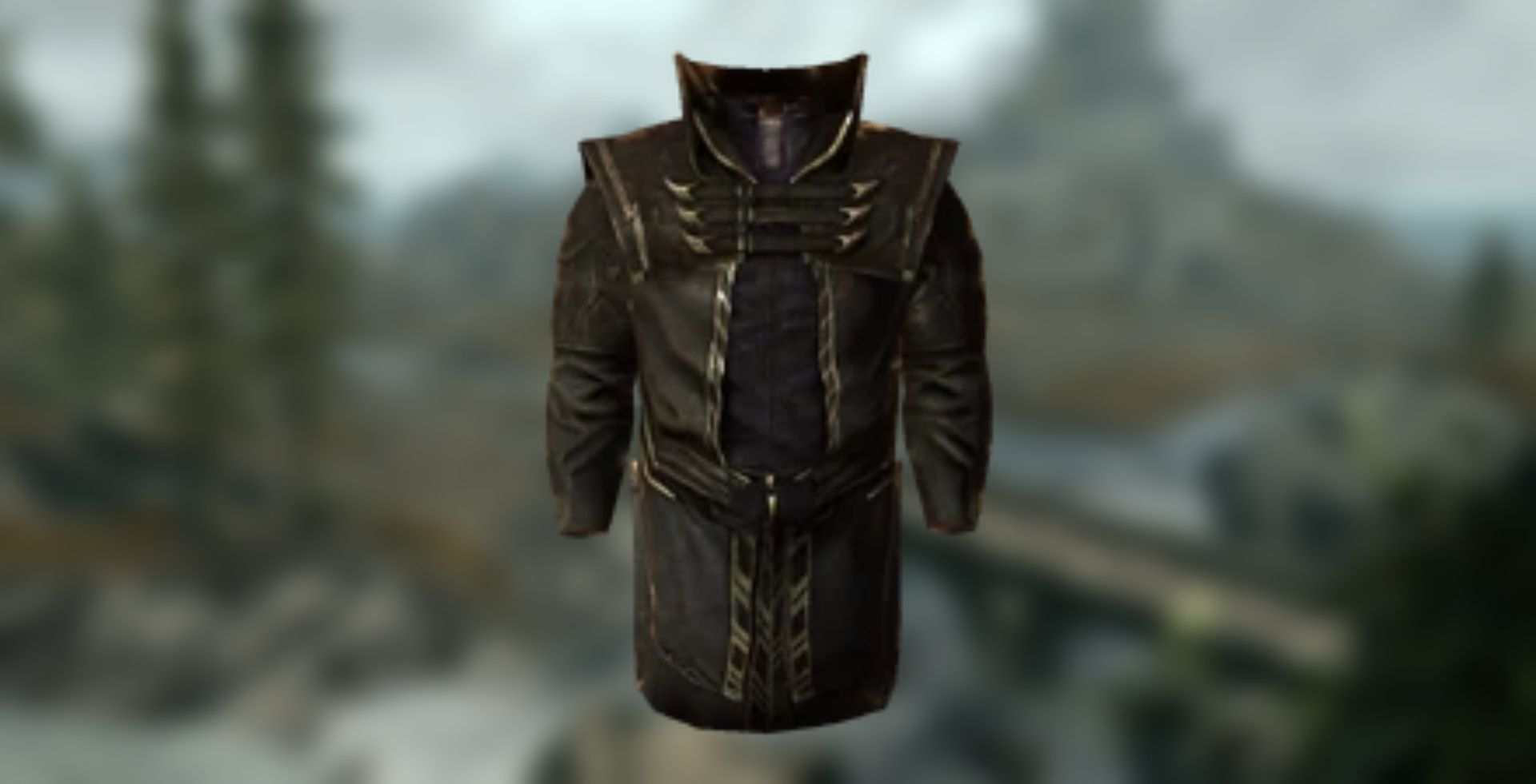 Render satu set jubah Thalmor dengan tangkapan layar buram Skyrim.