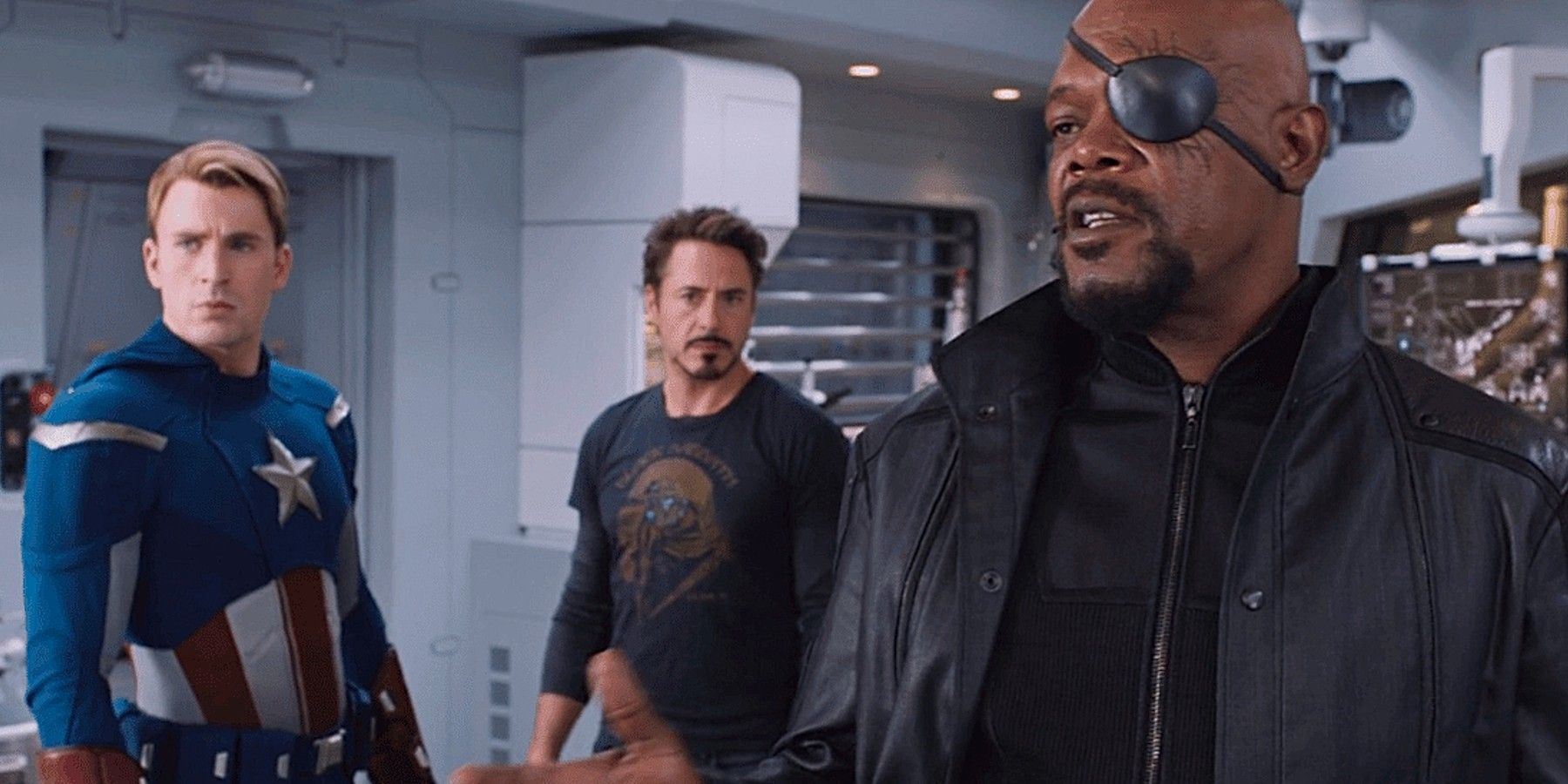 The Avengers scene with Nick Fury Captain America and Tony Stark