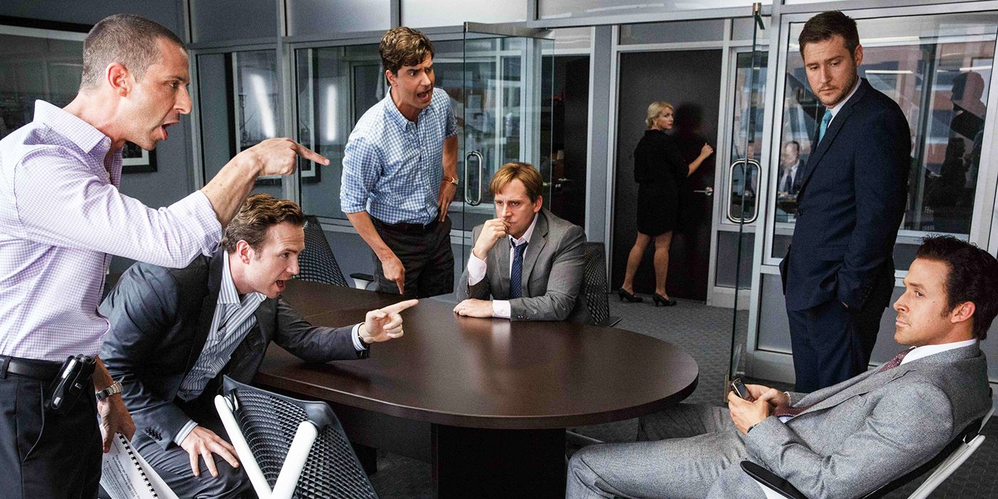 Several men yelling at Ryan Gosling in a board room in The Big Short
