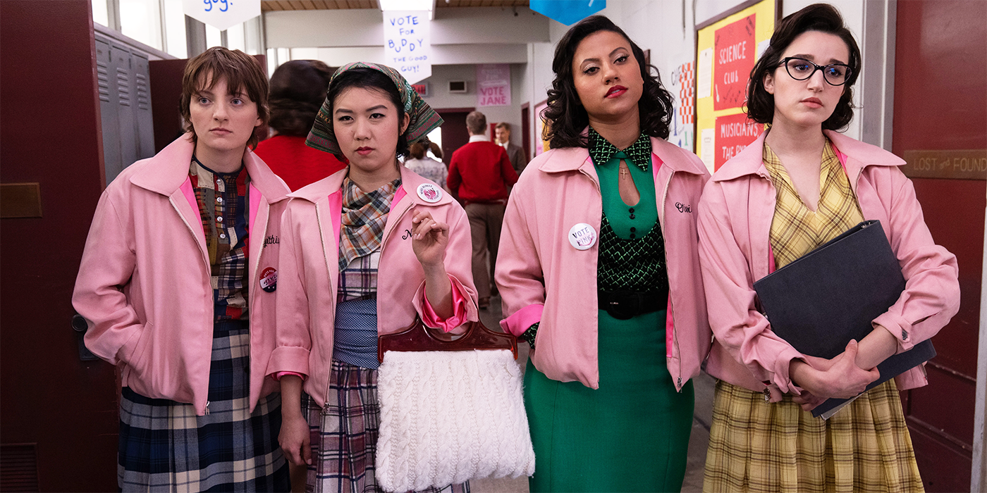 The cast of Grease Rise of the Pink Ladies standing in the halls