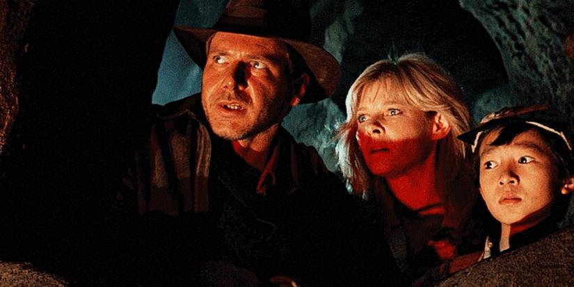Harrison Ford as Indiana Jones, Kate Capshaw as Willie Scott, and Ke Huy Quan as Short Round in Indiana Jones and the Temple of Doom