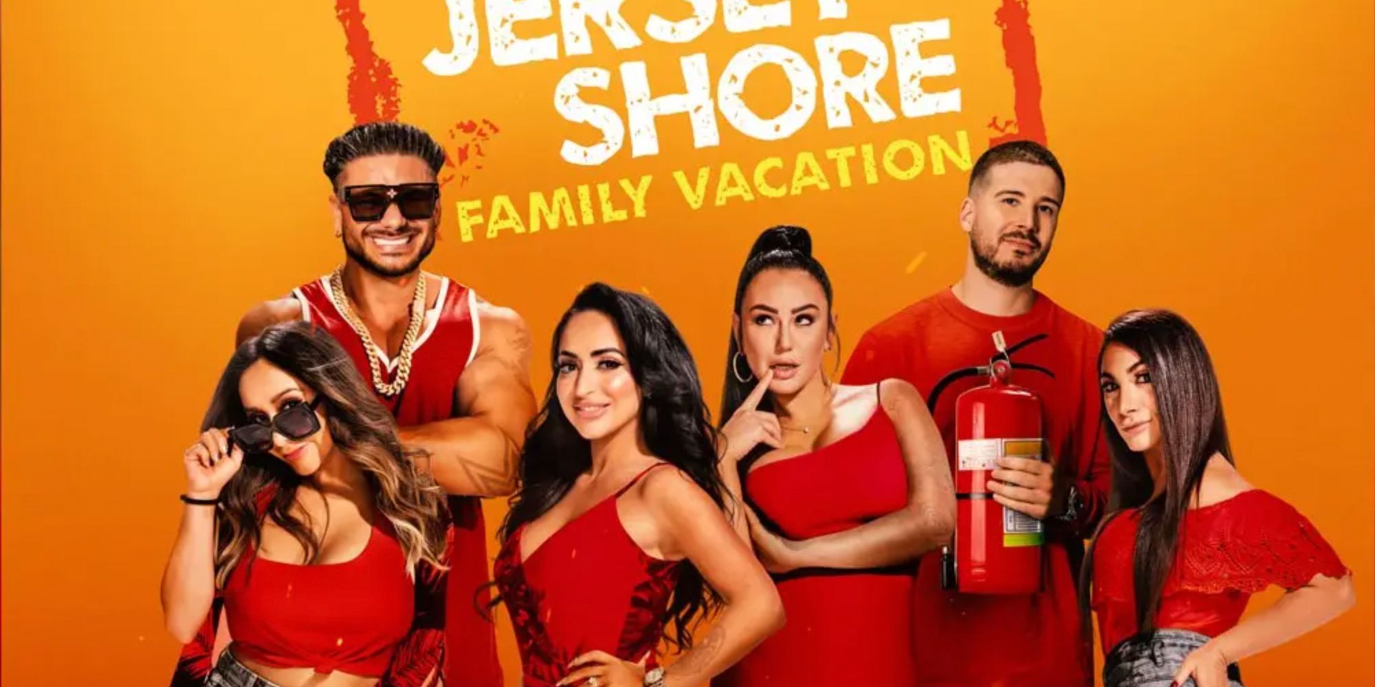 The cast of Jersey Shore Family Vacation Season 5 wearing red in a promotional image for the series