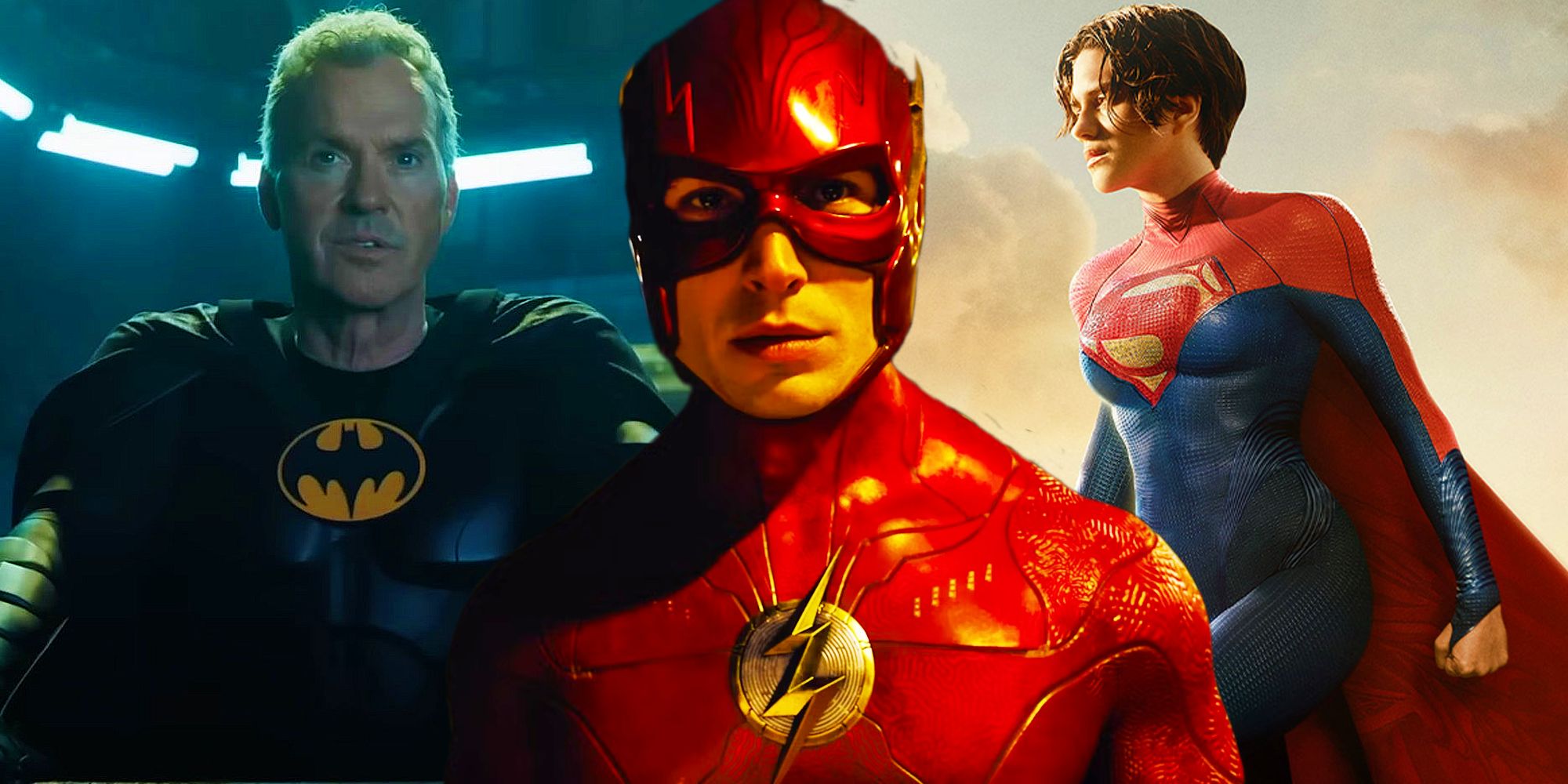 The Flash, Michael Keaton's Batman, and Sasha Calle's Supergirl as seen in The Flash movie