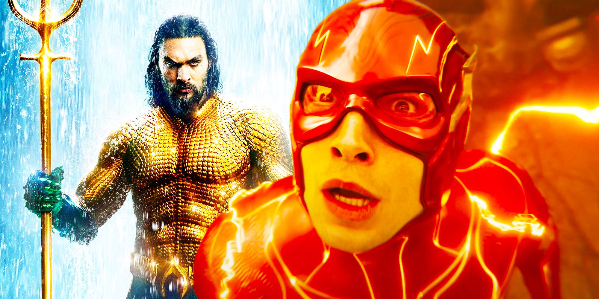 Jason Momoa's Aquaman in his iconic golden costume and Ezra Miller in The Flash looking surprised.
