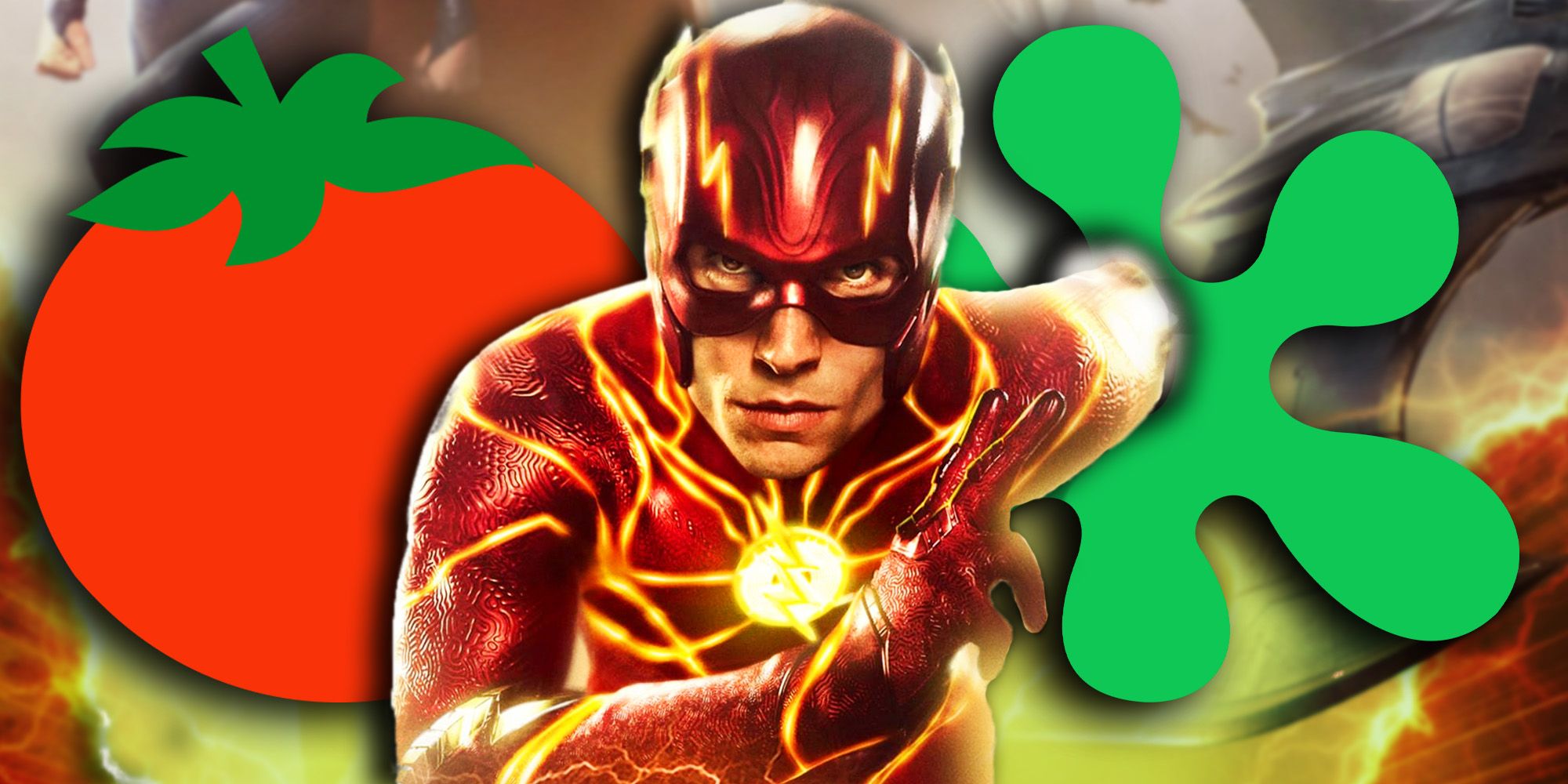 Rotten Tomatoes Logos Behind Ezra Miller as The Flash