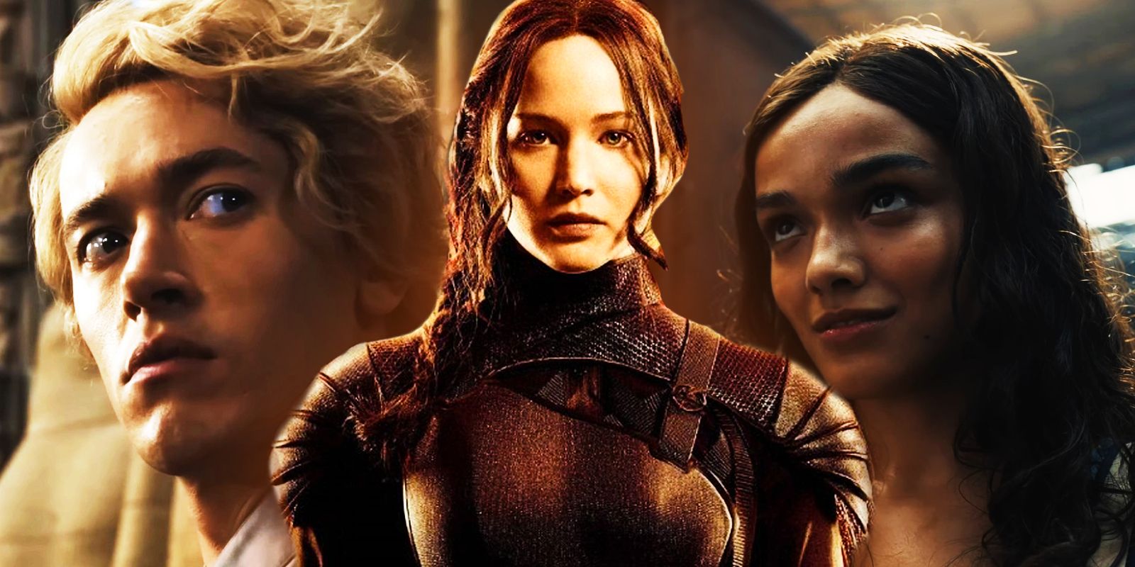 A blended image features Katniss over a young Coriolanus and Lucy Gray in the Hunger Games franchise