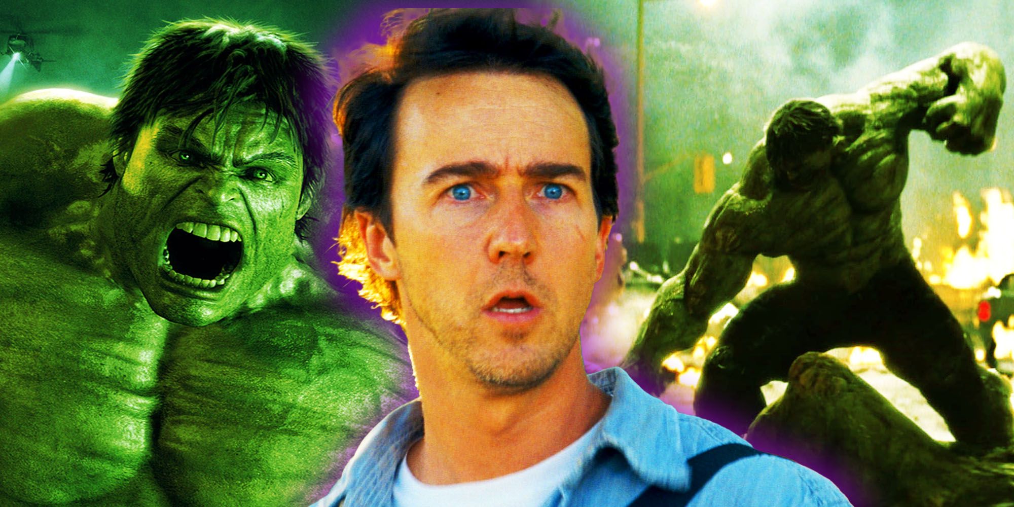 The Incredible Hulk custom image with Edward Norton looking surprised, a close-up shot of Hulk, and the Hulk punching down an enemy.