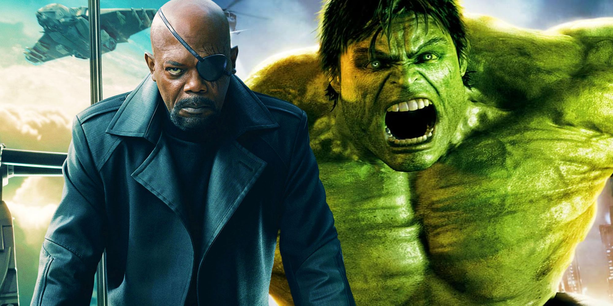 Hulk roaring at the camera in The Incredible Hulk next to Nick Fury from his character poster for The Winter Soldier