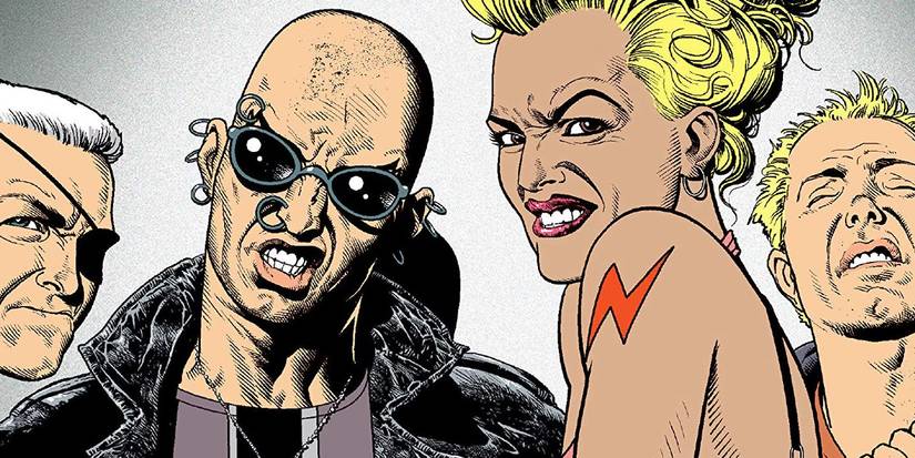 King Mob and the Invisibles mug the camera from the The Invisibles DC by Grant Morrison