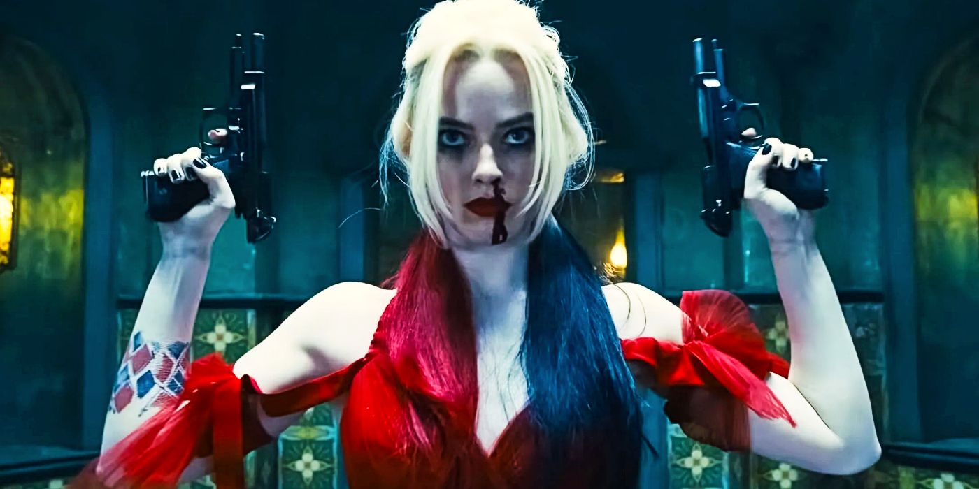 The Suicide Squad's Harley Quinn holding two guns up.