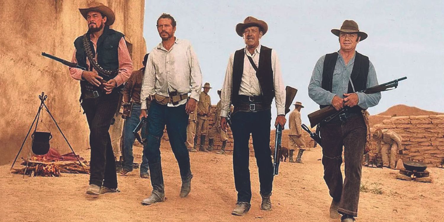 The gang walking down the street with guns in The Wild Bunch