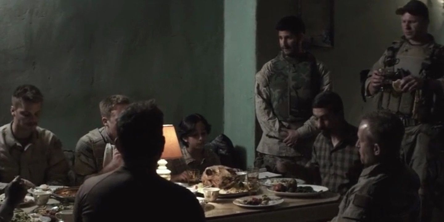 The SEALs eat in a civilian house in American Sniper