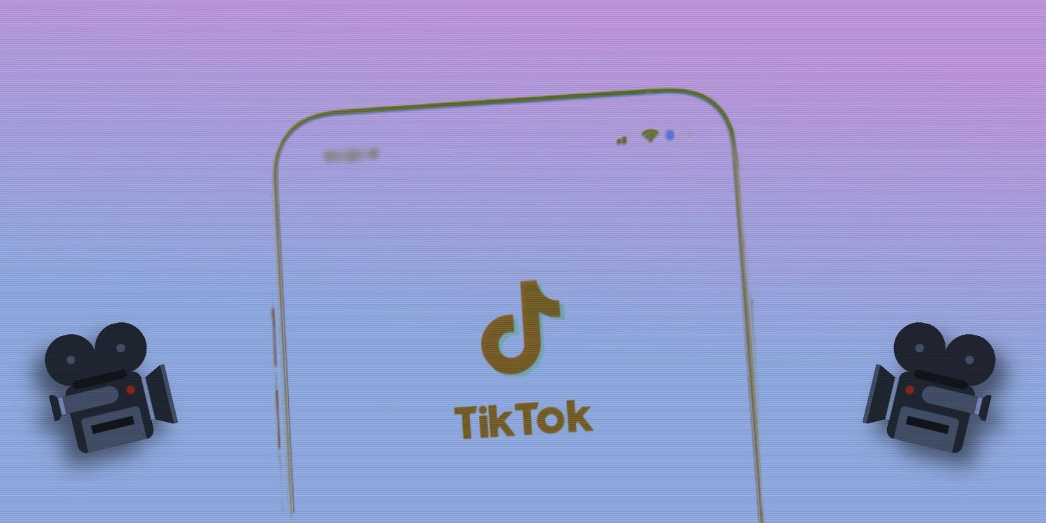 An outline of a phone displaying the TikTok logo with a movie camera emoji on each side of it