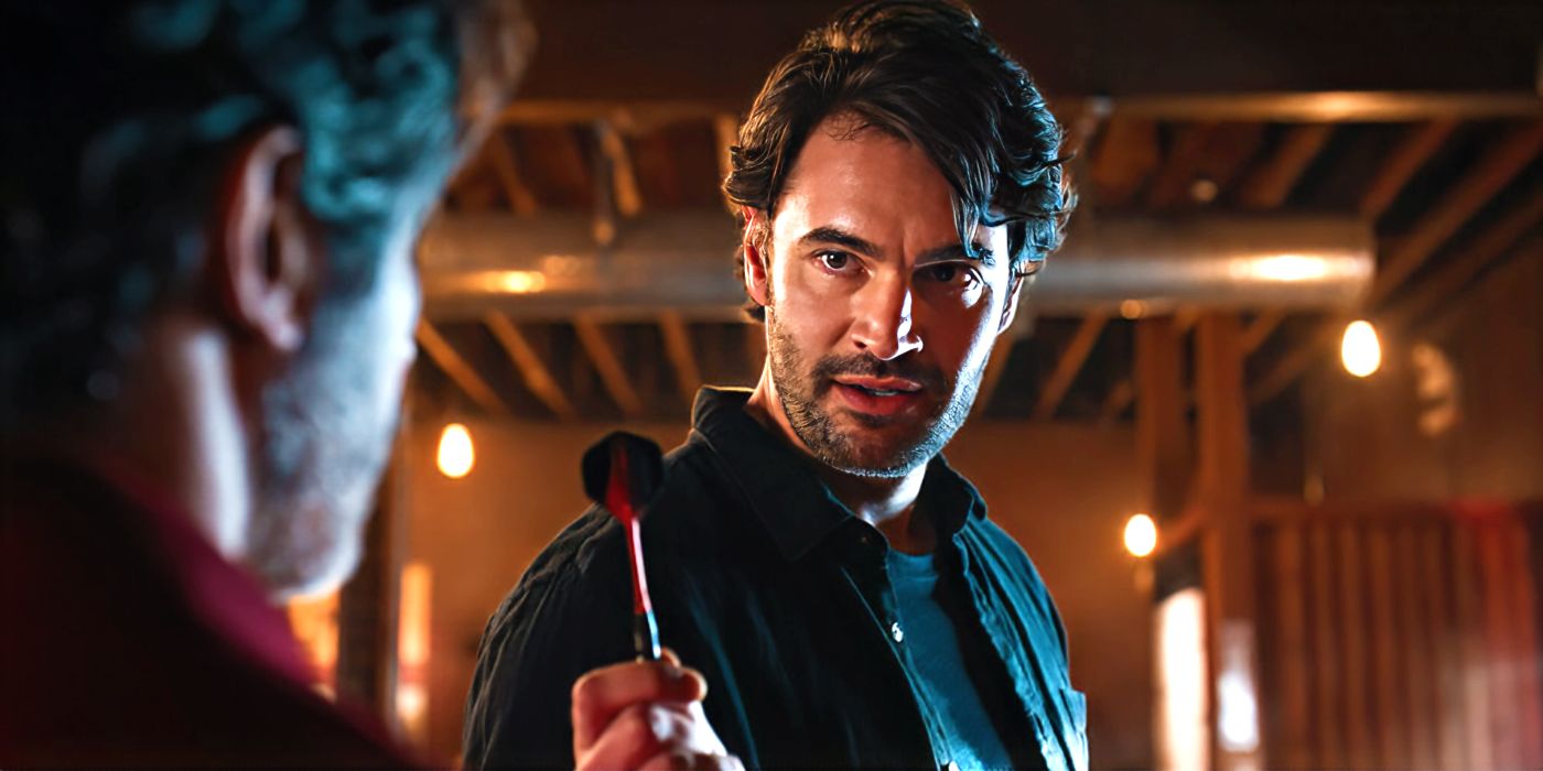 Tom Bateman holds a dart menacingly in Based on a True Story