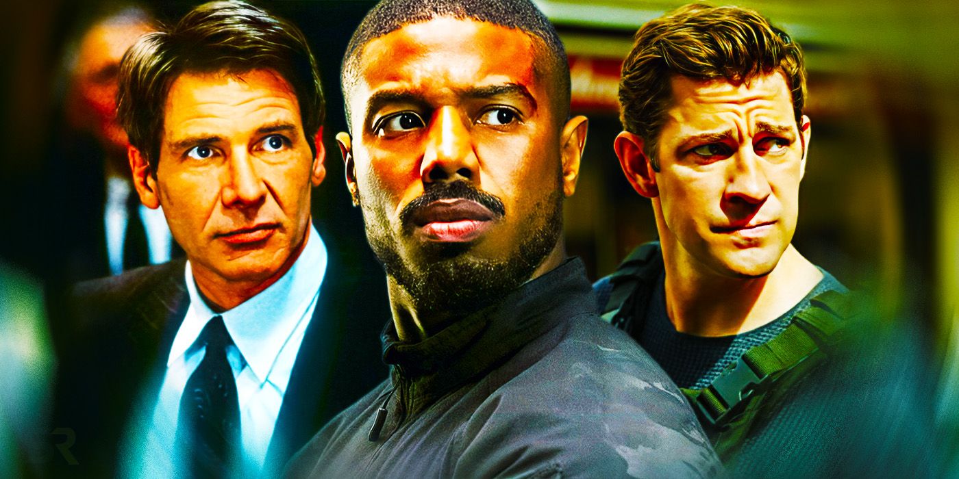 Blended image of Harrison Ford, Michael B. Jordan, and John Krasinki in Tom Clancy movies and shows