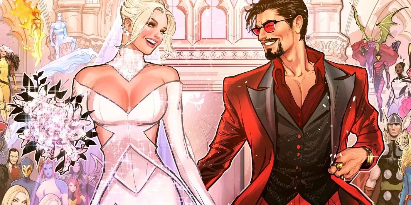 Close up, Emma Frost and Tony Stark walking down the aisle at their wedding