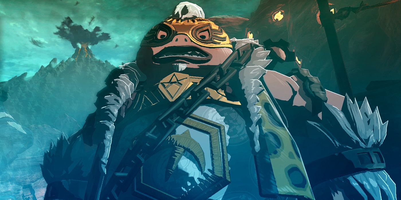 A masked Yunobo from The Legend of Zelda: Tears of the Kingdom, with Death Mountain erupting in the background.
