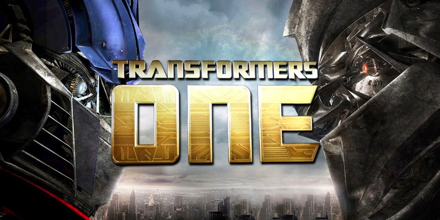 Transformers One-filmlogotyp med Optimus Prime och Megatron vända mot varandra
