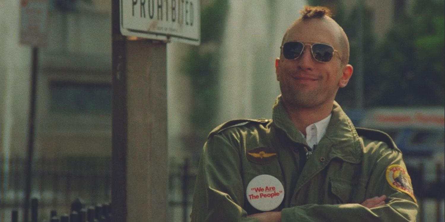 Travis stands at a street corner in a mohawk in Taxi Driver.