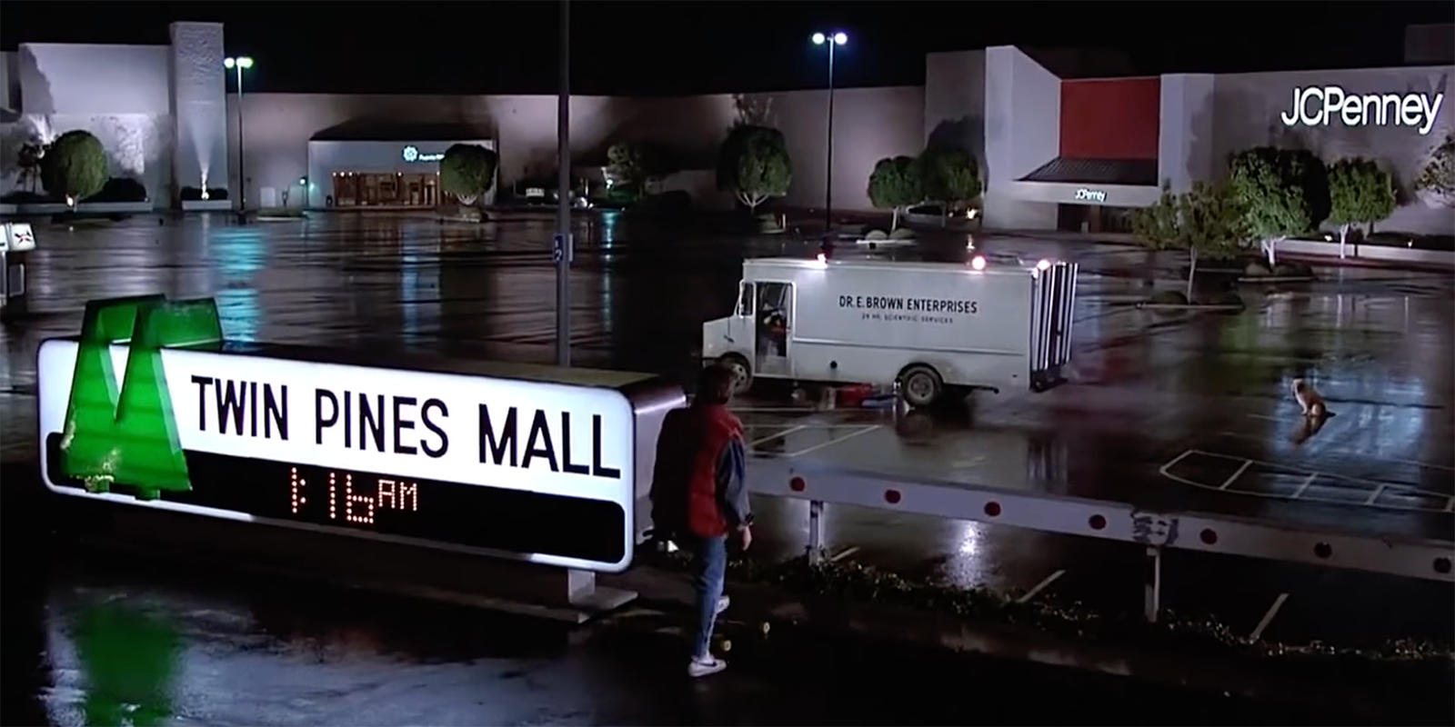 An image of Marty McFly at the Twin Pines Mall sign