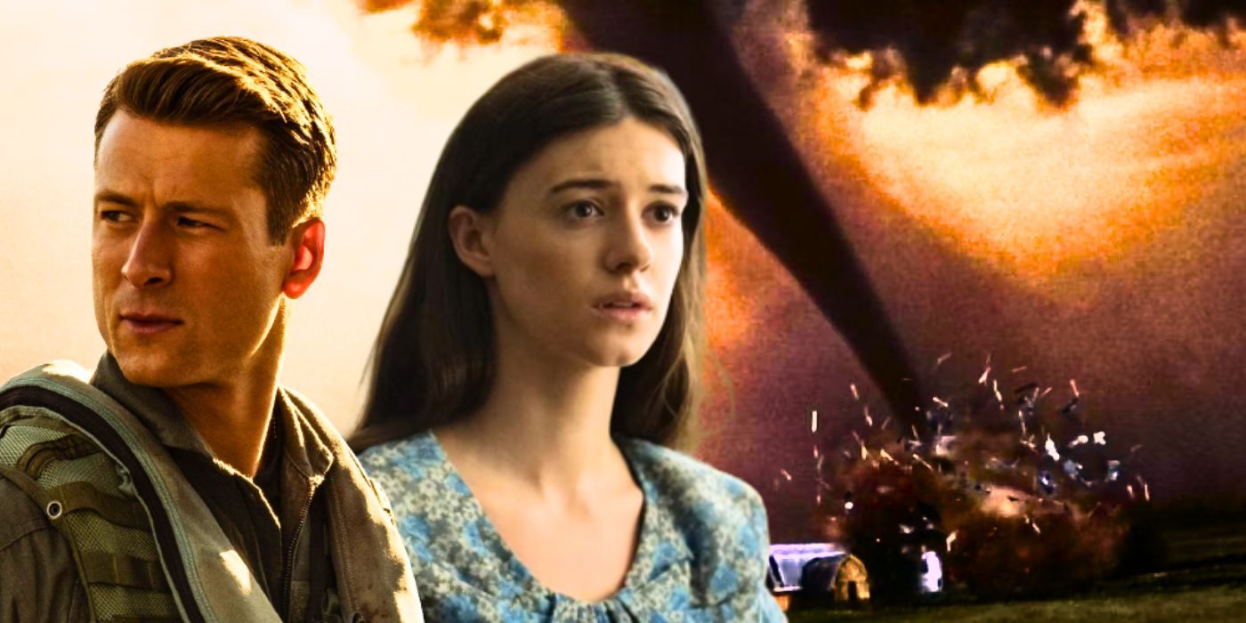 A composite image of Daisy Edgar Jones and Glen Powell in front of a raging tornado in Twister
