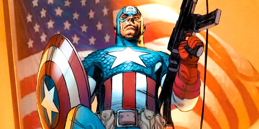 Ultimate Captain America with his shield and a machine gun (foreground) with an American flag (background.)