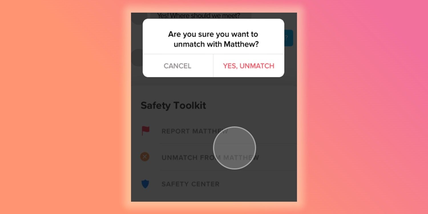 A prompt asking if a Tinder user wants to unmatch from the other user