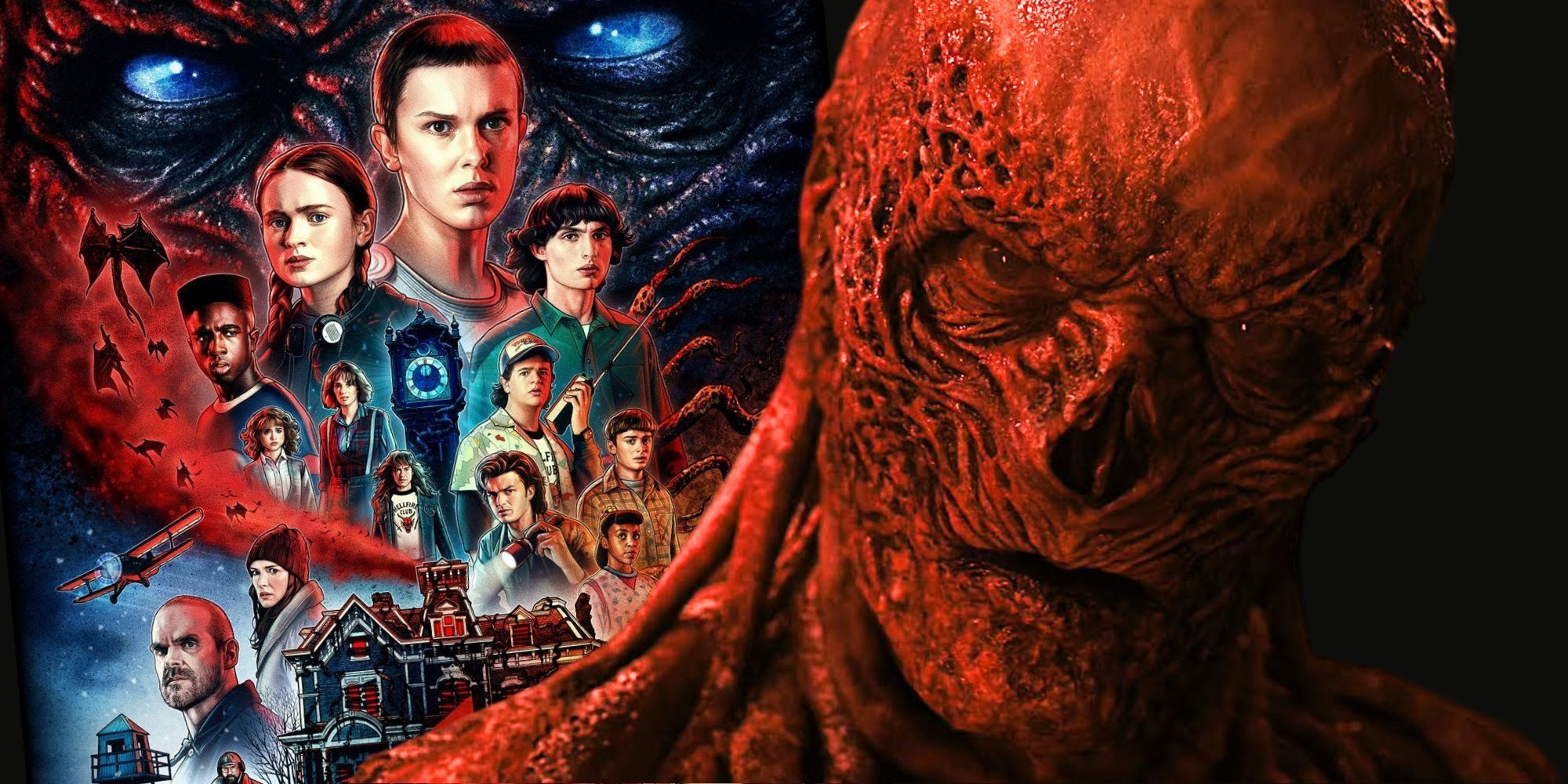 A poster for Stranger Things 4 behind a close-up of Vecna