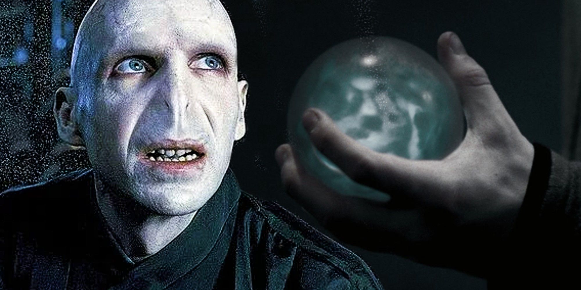 Ralph Fiennes as Voldemort and an image of the orb holding the prophecy in Harry Potter