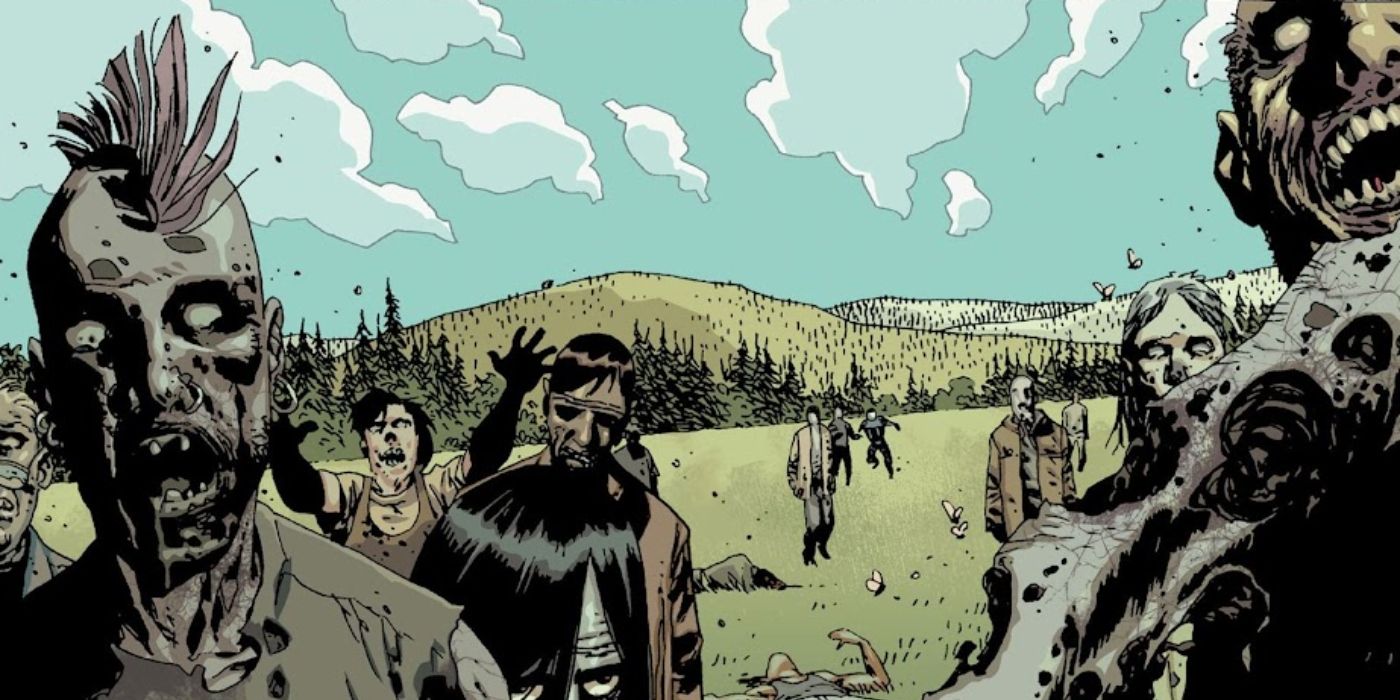 Full color image of zombies, including one with a mohawk, walking across a field in The Walking Dead.