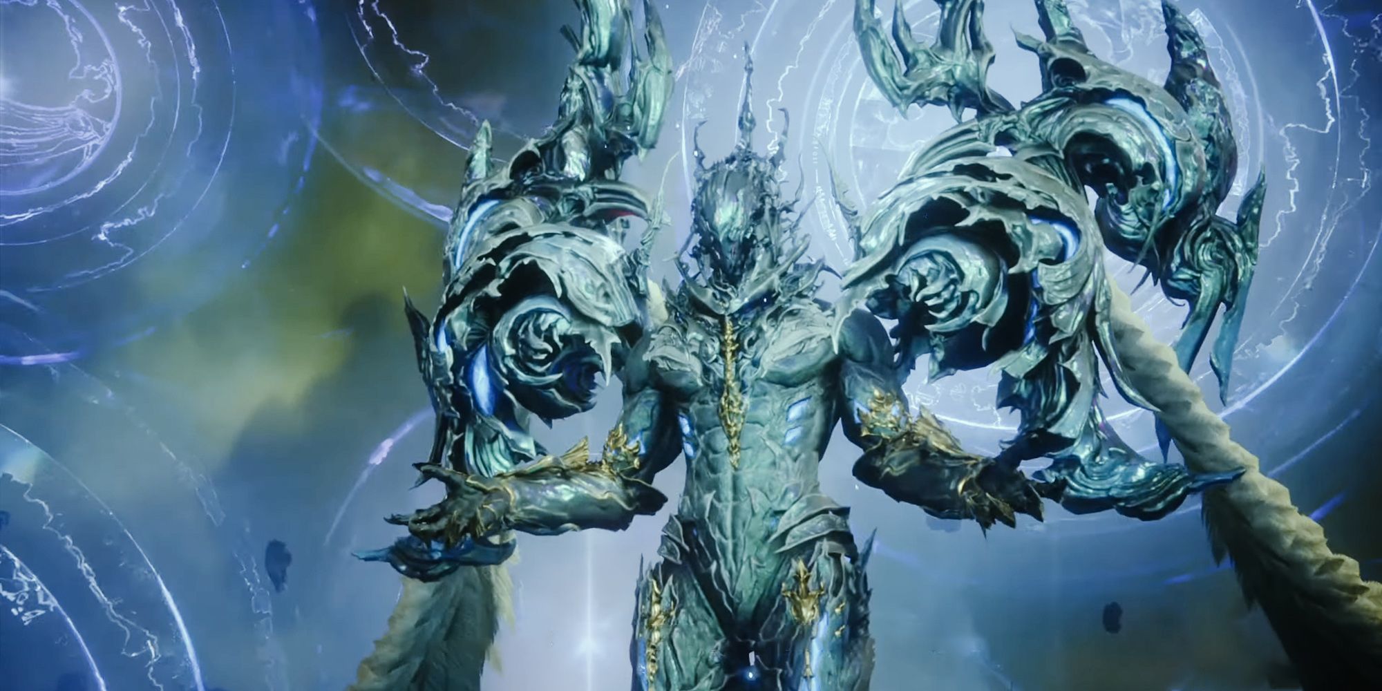 Ultima, makhluk dunia lain yang mengenakan armor kristal, berdiri dengan tangan terentang.  Eter ajaib berputar di latar belakang.